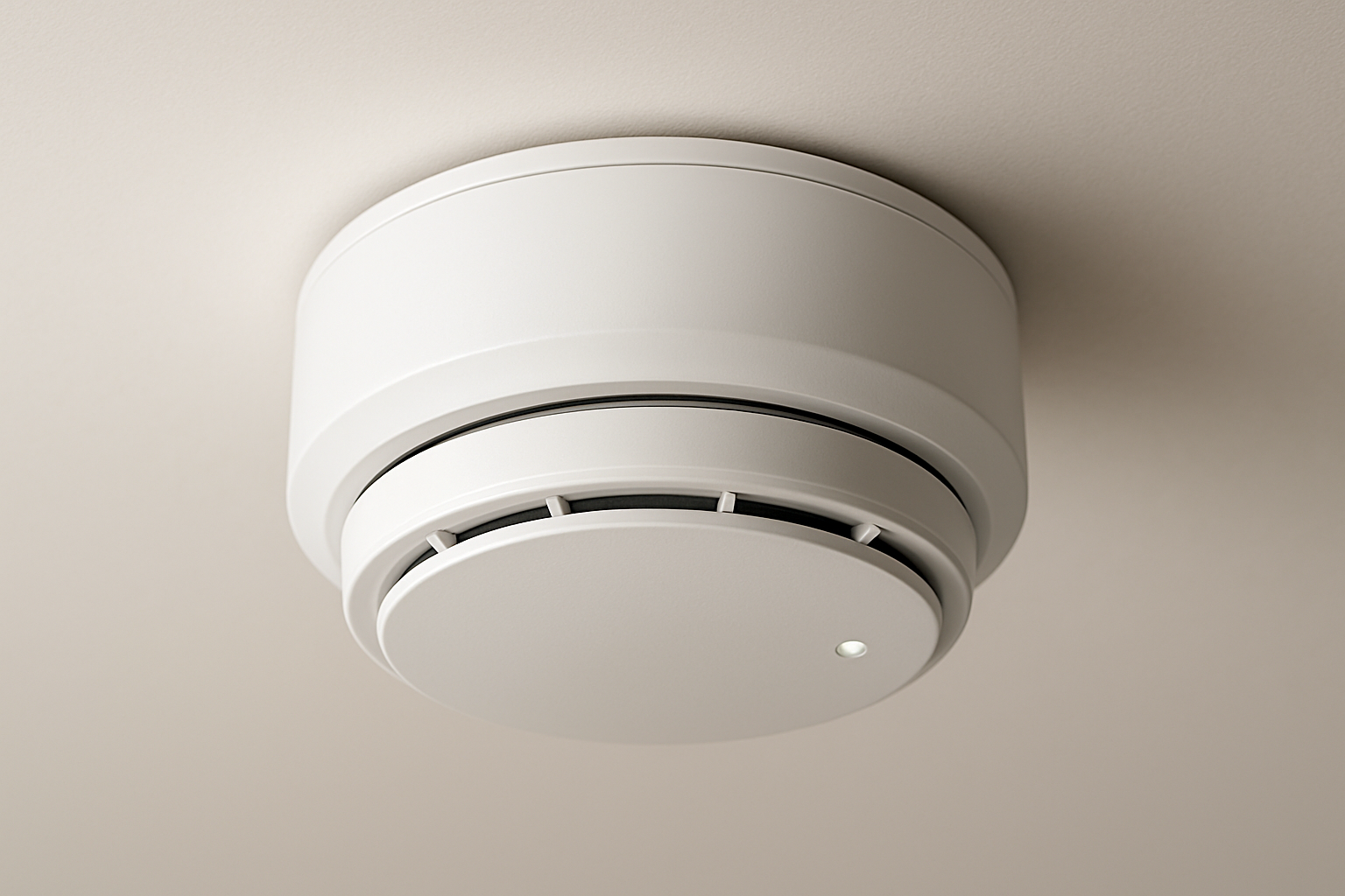 A professional product photo of a modern smoke detector mounted on a ceiling. Clean white circular design with a small LED indicator light.