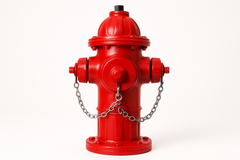 A professional product photo of a red fire hydrant showing detailed connection ports and valve against a clean white background