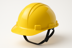 Professional product photography of a yellow safety helmet (hard hat) on a clean white background with visible ventilation holes and an adjustable chin strap.