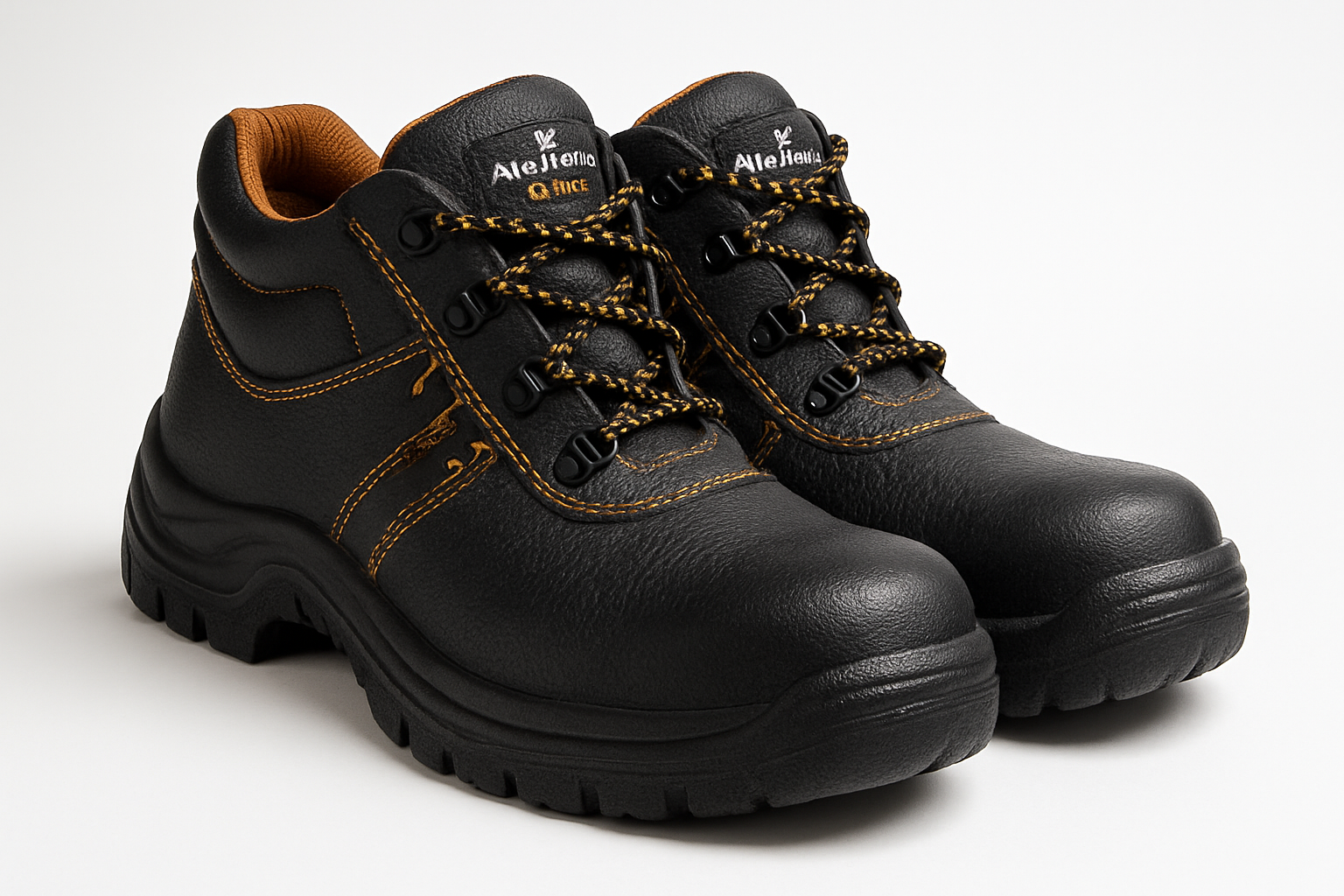 Professional product photography of Allen Cooper AC 1143 Safety Shoes. Black industrial work boots with steel toe caps and yellow/orange accents.