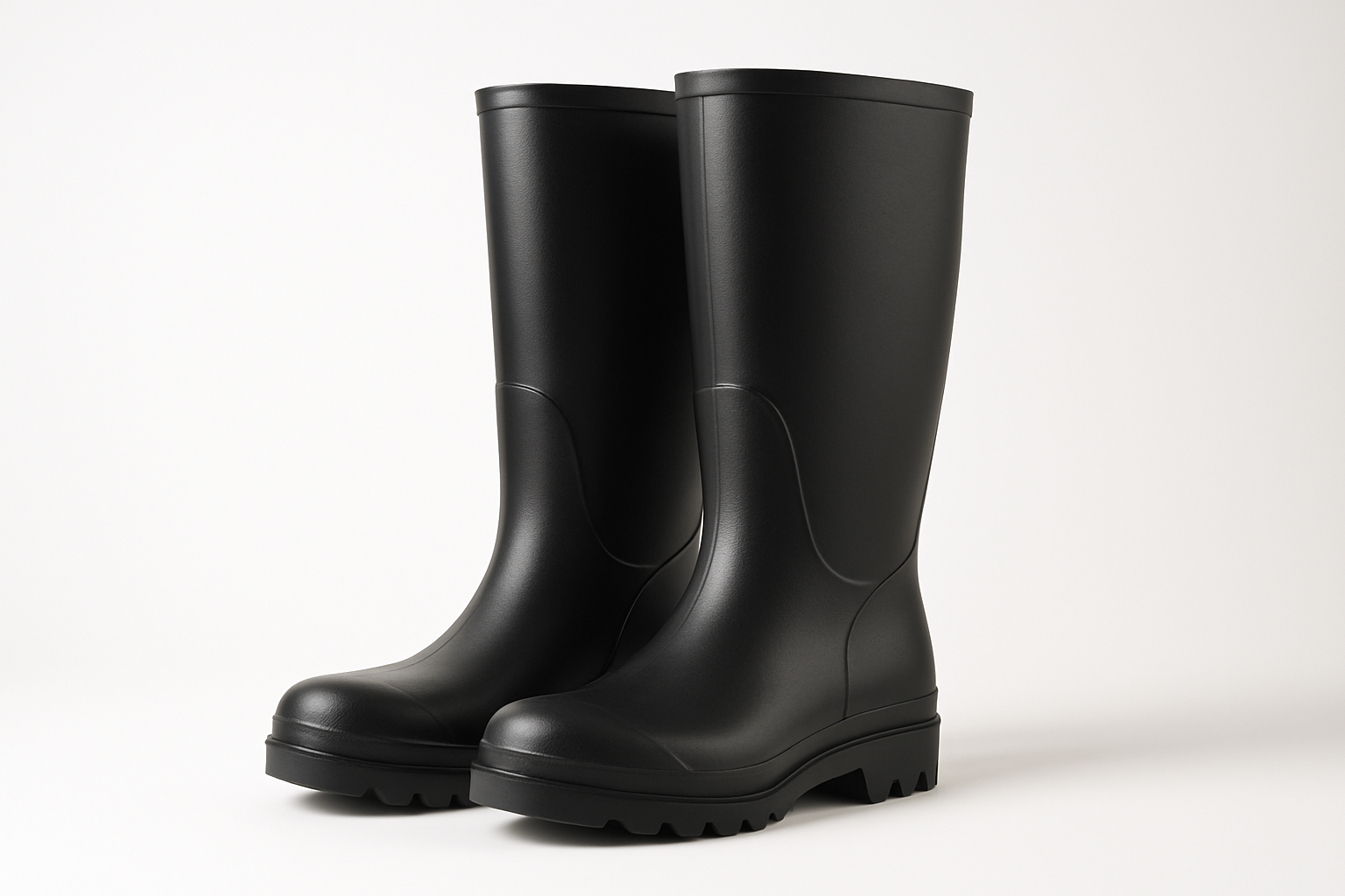 Professional product photography of tall black rubber gumboots (wellington boots) standing upright against a clean white background.