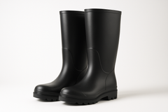 Professional product photography of tall black rubber gumboots (wellington boots) standing upright against a clean white background.
